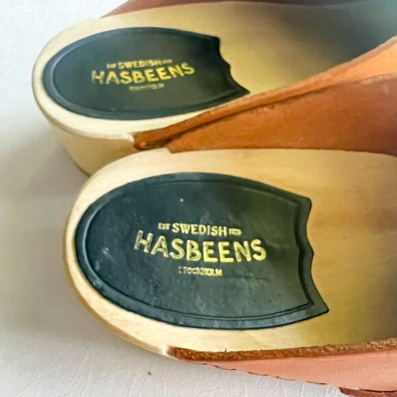 Swedish Hasbeens Tan Leather Closed Toe Slip On Wooden Husband Mule Clogs Sz 36 - Picture 7 of 11